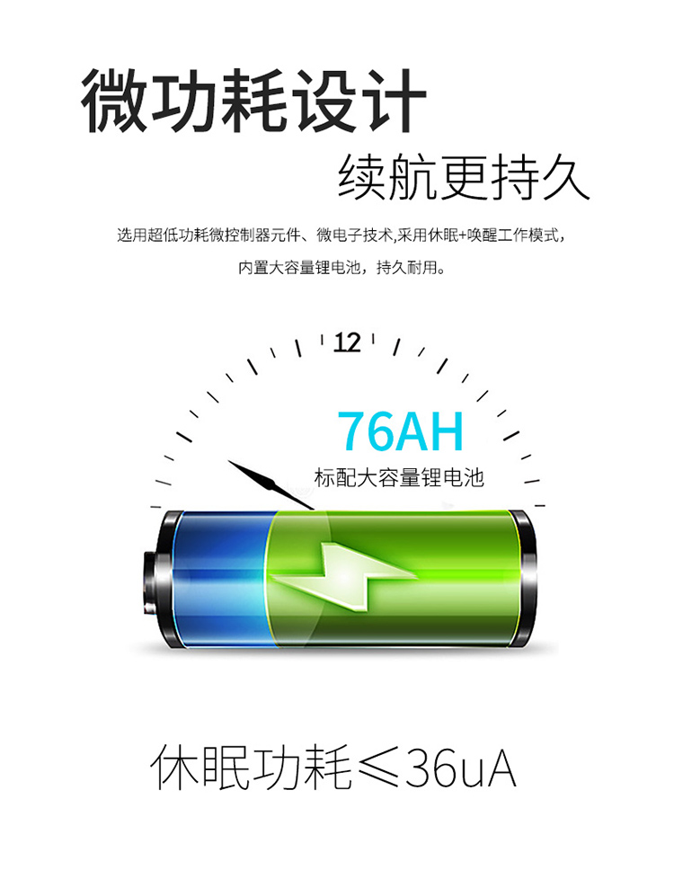 采用微功耗設計，選用超低功耗微控制器元件、微電子技術,采用休眠+喚醒工作模式；內置大容量鋰電池78AH，持久耐用。