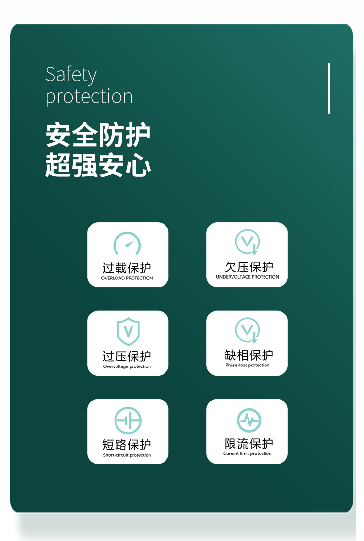 安全防護 超強安心。對過載、欠壓、過壓、缺相、短路、限流等狀況實現智能保護。