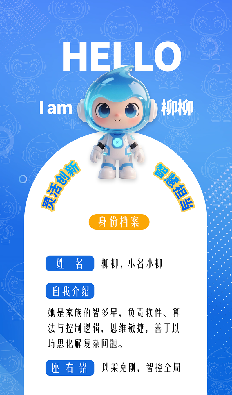 柳柳：靈活創(chuàng)新 · 智慧擔(dān)當(dāng)	 她是家族的智多星，負(fù)責(zé)軟件、算法與控制邏輯，思維敏捷，善于以巧思化解復(fù)雜問(wèn)題。 座右銘：以柔克剛，智控全局。