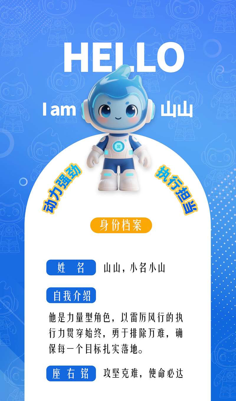 山山——?jiǎng)恿?qiáng)勁 · 執(zhí)行擔(dān)當(dāng)	 他是力量型角色，以雷厲風(fēng)行的執(zhí)行力貫穿始終，勇于排除萬(wàn)難，確保每一個(gè)目標(biāo)扎實(shí)落地。 座右銘：攻堅(jiān)克難，使命必達(dá)
